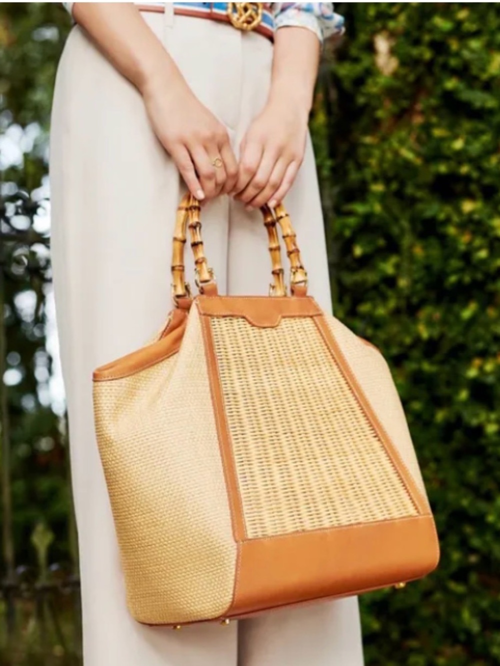 J. McLaughlin “Meeka” Bamboo, Wicker & Leather Tote Handbag Nantucket Style Bag